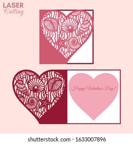 Laser cut template of fold card with sea shells patterned heart for brochures, wedding invitations or Valentine's Day greeting card.