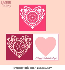Laser cut template of fold card with patterned heart for brochures, wedding invitations or Valentine's Day greeting card.