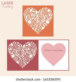 Laser cut template of fold card with roses and leaves patterned heart for brochures, wedding invitations or Valentine's Day greeting card.