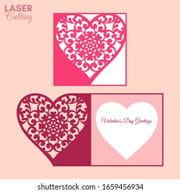 Laser cut template of fold card with patterned heart for brochures, wedding invitations or Valentine's Day greeting card.