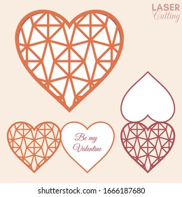 Laser cut template of fold card with geometric patterned heart for brochures, wedding invitations or Valentine's Day greeting card.