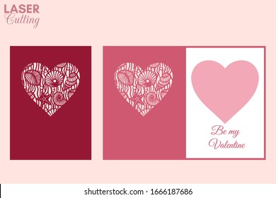 Laser cut template of fold card with sea shells patterned heart for brochures, wedding invitations or Valentine's Day greeting card.