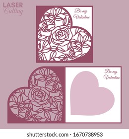 Laser cut template of fold card with roses and leaves patterned heart for brochures, wedding invitations or Valentine's Day greeting card.