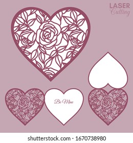 Laser cut template of fold card with roses and leaves patterned heart for brochures, wedding invitations or Valentine's Day greeting card.
