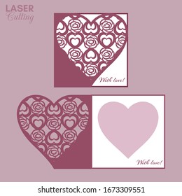 Laser cut template of fold card with roses and hearts patterned heart for brochures, wedding invitations or Valentine's Day greeting card.