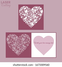 Laser cut template of fold card with roses and leaves patterned heart for brochures, wedding invitations or Valentine's Day greeting card.