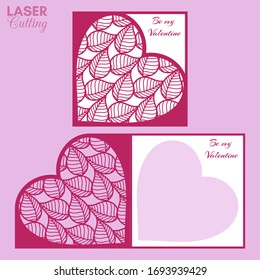 Laser cut template of fold card with leaves patterned heart for brochures, wedding invitations or Valentine's Day greeting card.