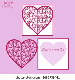 Laser cut template of fold card with leaves patterned heart for brochures, wedding invitations or Valentine's Day greeting card.