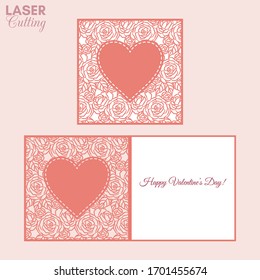 Planta de corte láser de pliegue con el corazón sobre el patrón de rosas. Ideal para folletos, invitaciones de boda o tarjeta de bienvenida de San Valentín.