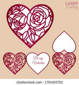 Laser cut template of fold card with roses and leaves patterned heart for brochures, wedding invitations or Valentine's Day greeting card.