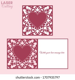 Laser cut template of fold card with heart on swirls floral pattern. Sutable for brochures, wedding invitations or Valentine's Day greeting card.
