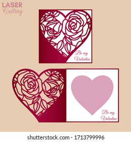 Plantilla de corte láser de pliegue con rosas y hojas patentadas corazón para folletos, invitaciones de boda o tarjeta de saludo del Día de San Valentín.