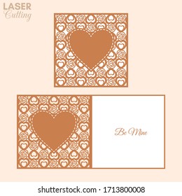 Plantilla de corte láser de pliegue con corazón en el patrón de corazones y rosas. Ideal para folletos, invitaciones de boda o tarjeta de bienvenida de San Valentín.