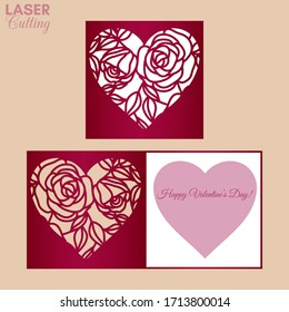 Plantilla de corte láser de pliegue con rosas y hojas patentadas corazón para folletos, invitaciones de boda o tarjeta de saludo del Día de San Valentín.