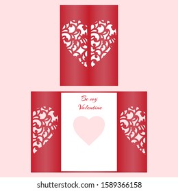 Laser cut template of gate fold card with patterned heart for brochures, wedding invitations or Valentine's Day greeting card.
