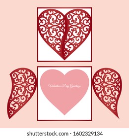 Laser cut template of gate fold card with patterned heart for brochures, wedding invitations or Valentine's Day greeting card.
