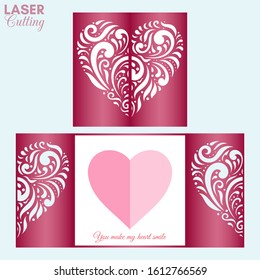 Laser cut template of gate fold card with patterned heart for brochures, wedding invitations or Valentine's Day greeting card.