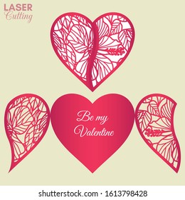 Laser cut template of gate fold card with hibiscus and leaves tropical patterned heart for brochures, wedding invitations or Valentine's Day greeting card.