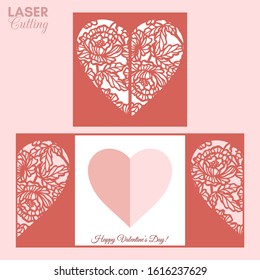 Laser cut template of gate fold card with peonies flowers and leaves patterned heart for brochures, wedding invitations or Valentine's Day greeting card.