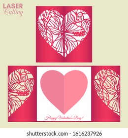 Laser cut template of gate fold card with hibiscus and leaves tropical patterned heart for brochures, wedding invitations or Valentine's Day greeting card.