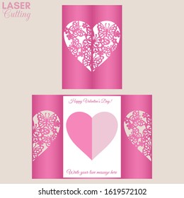 Laser cut template of gate fold card with butterflies and flowers patterned heart for brochures, wedding invitations or Valentine's Day greeting card.