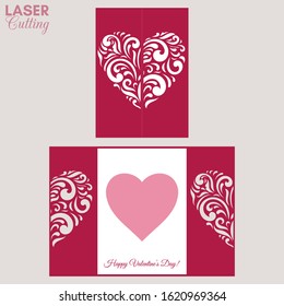 Laser cut template of gate fold card with patterned heart for brochures, wedding invitations or Valentine's Day greeting card.