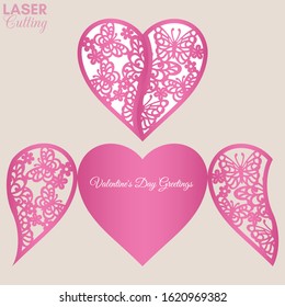 Laser cut template of gate fold card with butterflies and flowers patterned heart for brochures, wedding invitations or Valentine's Day greeting card.