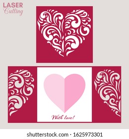 Laser cut template of gate fold card with patterned heart for brochures, wedding invitations or Valentine's Day greeting card.