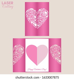 Laser cut template of gate fold card with peonies flowers and leaves patterned heart for brochures, wedding invitations or Valentine's Day greeting card.