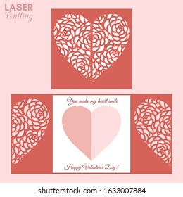 Laser cut template of gate fold card with peonies flowers patterned heart for brochures, wedding invitations or Valentine's Day greeting card.