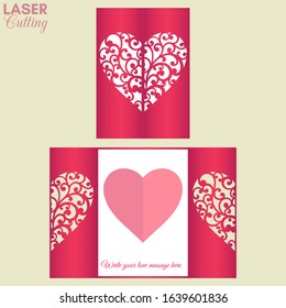 Laser cut template of gate fold card with patterned heart for brochures, wedding invitations or Valentine's Day greeting card.