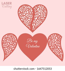 Laser cut template of gate fold card with peonies flowers patterned heart for brochures, wedding invitations or Valentine's Day greeting card.
