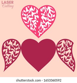 Laser cut template of gate fold card with leaves on the branches patterned heart for brochures, wedding invitations or Valentine's Day greeting card.