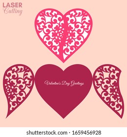 Laser cut template of gate fold card with patterned heart for brochures, wedding invitations or Valentine's Day greeting card.