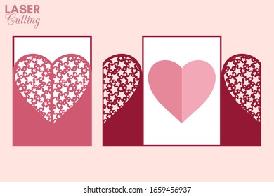 Laser cut template of gate fold card with stars patterned heart for brochures, wedding invitations or Valentine's Day greeting card.