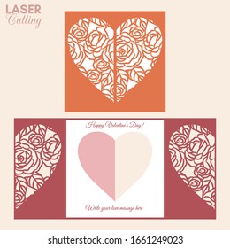 Laser cut template of gate fold card with roses and leaves patterned heart for brochures, wedding invitations or Valentine's Day greeting card.