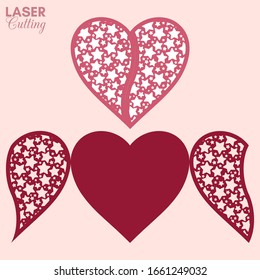 Laser cut template of gate fold card with stars patterned heart for brochures, wedding invitations or Valentine's Day greeting card.
