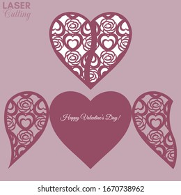 Laser cut template of gate fold card with hearts and roses patterned heart for brochures, wedding invitations or Valentine's Day greeting card.