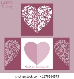 Plantilla de corte láser de la tarjeta plegable de puerta con rosas y hojas patentadas corazón para folletos, invitaciones de boda o tarjeta de saludo del Día de San Valentín.