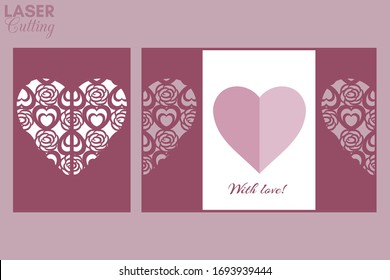 Laser cut template of gate fold card with hearts and roses patterned heart for brochures, wedding invitations or Valentine's Day greeting card.