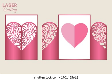 Laser cut template of gate fold card with roses patterned heart for brochures, wedding invitations or Valentine's Day greeting card.
