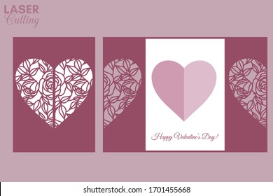 Laser cut template of gate fold card with roses and leaves patterned heart for brochures, wedding invitations or Valentine's Day greeting card.