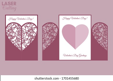 Laser cut template of gate fold card with roses and leaves patterned heart for brochures, wedding invitations or Valentine's Day greeting card.