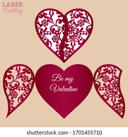 Laser cut template of gate fold card with decorative flowers patterned heart for brochures, wedding invitations or Valentine's Day greeting card.