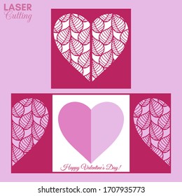 Laser cut template of gate fold card with leaves patterned heart for brochures, wedding invitations or Valentine's Day greeting card.