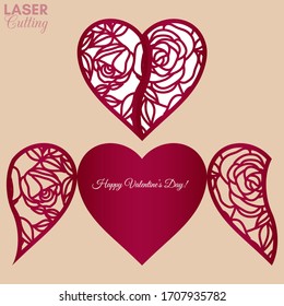 Laser cut template of gate fold card with roses and leaves patterned heart for brochures, wedding invitations or Valentine's Day greeting card.