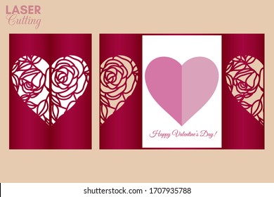 Plantilla de corte láser de la tarjeta plegable de puerta con rosas y hojas patentadas corazón para folletos, invitaciones de boda o tarjeta de saludo del Día de San Valentín.