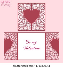 Laser cut template of gate fold card with heart on swirls pattern. Sutable for brochures, wedding invitations or Valentine's Day greeting card.