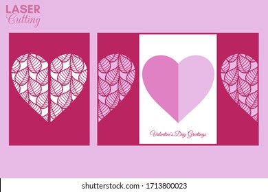 Laser cut template of gate fold card with leaves patterned heart for brochures, wedding invitations or Valentine's Day greeting card.