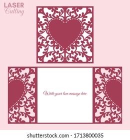 Laser cut template of gate fold card with heart on swirls floral pattern. Sutable for brochures, wedding invitations or Valentine's Day greeting card.